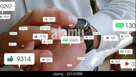 Image of notification bars over midsection of caucasian businessman using smartwatch Stock Photo