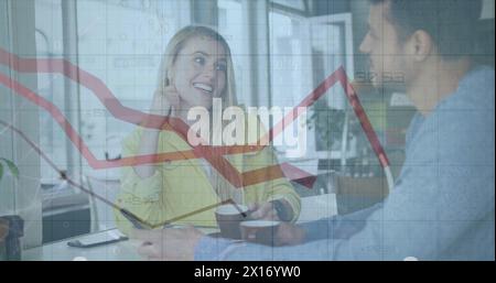 Image of data processing and red lines over caucasian couple in cafe Stock Photo