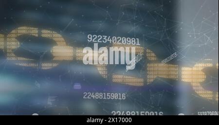 Image of financial data processing and chain over office building Stock Photo