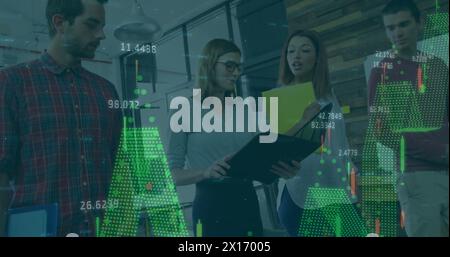 Image of financial data processing over diverse businesspeople in office Stock Photo