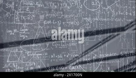 Image of mathematical data processing over grey background Stock Photo