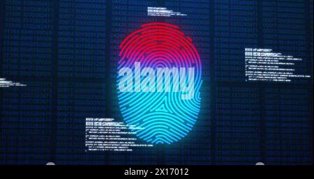 Image of fingerprint and data processing on dark blue background Stock Photo