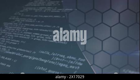 Image of data processing over hexagons on blue background Stock Photo