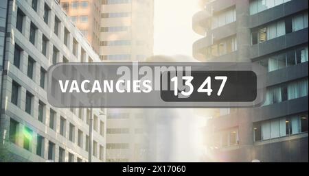 Image of numbers and vacancies text over pedestrians in busy city street Stock Photo