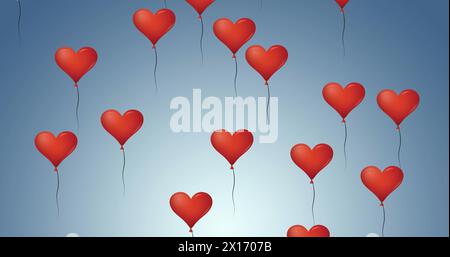 Digital image of multiple red heart shaped balloons floating against blue background Stock Photo