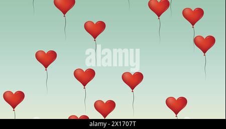 Digital image of multiple red heart shaped balloons floating against green background Stock Photo