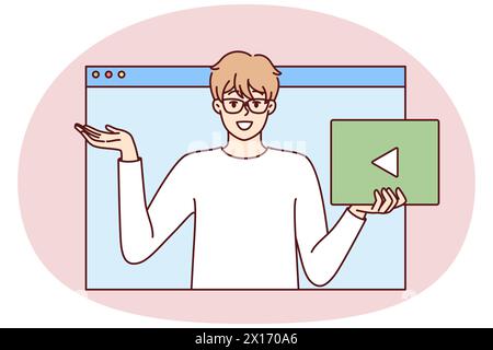 Man with play button in hand looks out of web browser window. Young guy in white t-shirt recommends that subscribe to video blog or do business promotion on social networks Stock Vector