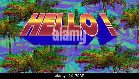 Image of palm trees and hello text over blue background Stock Photo