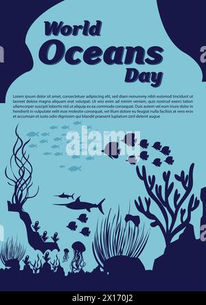Let's save our oceans. World oceans day design with underwater ocean, dolphin, shark, coral, sea plants, stingray and turtle. Stock Vector