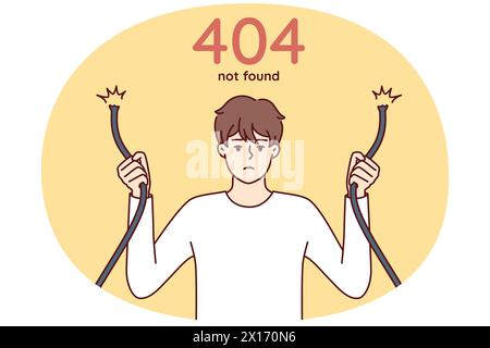 Eror 404 with sad man holding broken wire in hands and having trouble accessing internet site. Guy with damaged network cable symbolizing web error when trying to access server Stock Vector