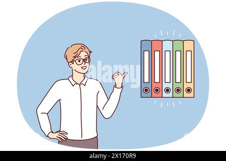 Man office worker points finger at multicolored folders for documents. Guy in business clothes gives advice on finding reports or recommends system for storing financial papers Stock Vector