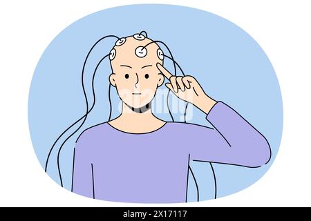 Bald person with electrodes connected to head engaged in neuroscience research. Patient having brain testing with EEG. Neurology and science. Vector illustration. Stock Vector