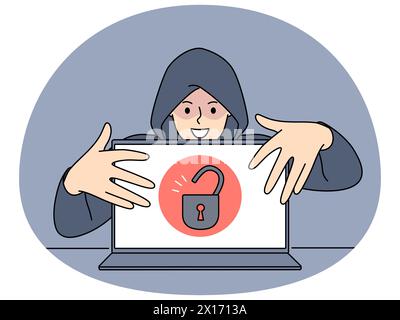 Hacker in hood touching open laptop with padlock symbol on screen steal secure information. Concept of cybersecurity and password and data leakage. Vector illustration. Stock Vector