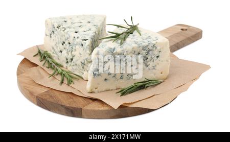 Tasty blue cheese with rosemary isolated on white Stock Photo