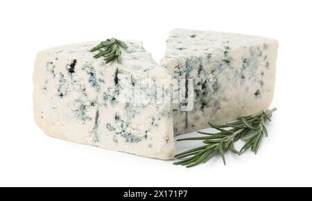 Tasty blue cheese with rosemary isolated on white Stock Photo