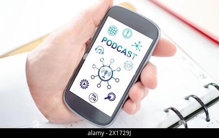 Podcast concept shown on a smartphone screen Stock Photo