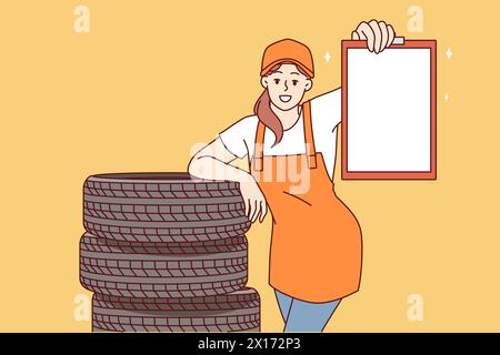 Woman mechanic from car repair shop stands near replacement tires for automobile wheels and demonstrates empty clipboard. Copy space in hands of girl mechanic in overalls for repairing vehicles Stock Vector
