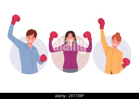 Business people in boxing gloves sense leadership ambitions and raise hands, after achieving goals Stock Vector