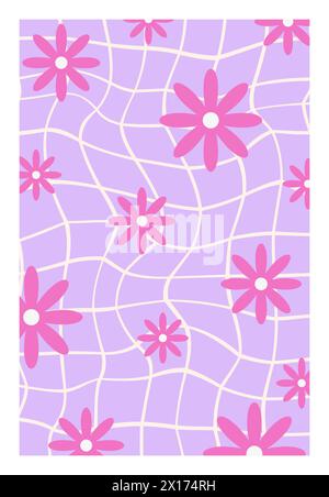 Psychedelic Checkerboard. Abstract groovy background with funky flowers. Hippie vertical backdrop. Y2k aesthetic. Retro playful vector illustration Stock Vector