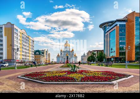 Saransk, Russia - June 5, 2023. Bolshevistskaya street, Cathedral of St. Theodore Ushakov in Saransk, Russia. Stock Photo