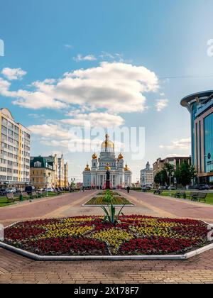 Saransk, Russia - June 5, 2023. Bolshevistskaya street, Cathedral of St. Theodore Ushakov in Saransk, Russia. Stock Photo