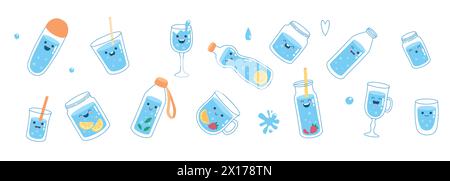 Drink more water. Glass only. Plastic free, zero waste concept. Various bottles, glass, flask. Hand drawn cute trendy vector illustration. All Stock Vector