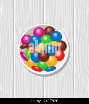 vector bowl with mm candies. rainbow colors and chocolate candy collection in round bowl on gray wooden table Stock Vector