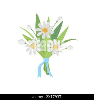 Floristic composition of beautiful garden and meadow flowers with blue ribbon. Elegant bouquet of wildflowers. Bunch of white flowers, anemones Stock Vector