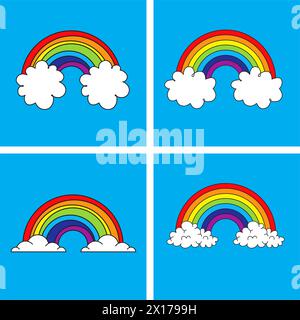 vector symbol of rainbow and clouds in the blue sky. colorful drawing collection  of weather backgrounds. bright rainbow behind clouds cartoon Stock Vector