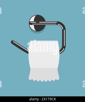 vector white toilet paper roll and metal holder isolated on blue background. hygiene icon of clean toilet paper in bathroom Stock Vector