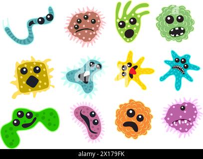 vector bacteria or microbe icons isolated on white background. cute cartoon characters of microorganism, virus or germs. doodle microbes Stock Vector