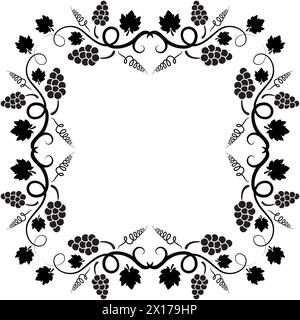 vector square shape background decoration of grape vine with copyspace. black grapevine illustration with grape clusters, leaves and  tendrils isolate Stock Vector