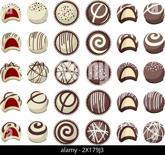 vector collection of chocolate candies for dessert, top view, side view and broken. flat candy icon isolated on white background Stock Vector