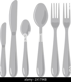 vector metal knife, spoon and fork isolated on white background. collection of dining utensil symbols. icons of two kinds of knife, spoon and fork Stock Vector