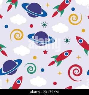 vector seamless pattern with stylized retro rocket ship in space, saturn planet, clouds, stars and spiral galactic constellations. seamless background Stock Vector