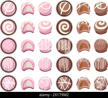 vector collection of chocolate candies for dessert, top view, side view and broken. flat candy icon isolated on white background Stock Vector