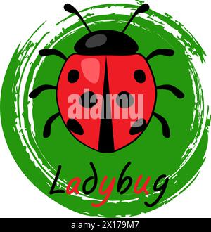 vector icon of red ladybird on a green brush stroke circle. ladybug insect and ladybug text on green circle as leaf symbol isolated on white backgroun Stock Vector