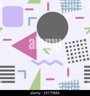 vector seamless 80s or 90s pattern, memphis hipster style with chaotic geometric shapes, retro design with graphic elements. colorful seamless backgro Stock Vector