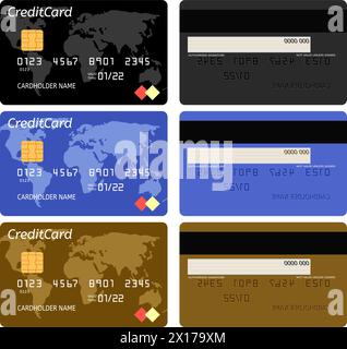 vector realistic bank credit card template isolated on white background. business finance design illustration. black, blue and golden bank credit card Stock Vector