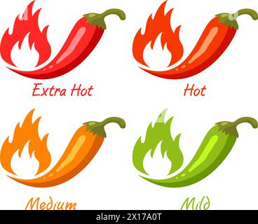 vector chili pepper with flames of fire as spicy food symbols isolated on white background. hot chili pepper spice for mexican food. red, green and or Stock Vector