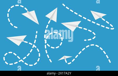 vector handmade paper airplane with flight route. flat style paper plane, dashed lines. flying paper airplanes Stock Vector