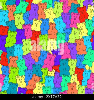 vector gummy bear candies seamless background. simple gummy bear clipart drawing with thin lines Stock Vector