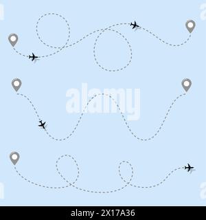 vector air plane travel dotted line paths. aircraft flying between points symbol. jet flight dashed line path, aviation transport illustration Stock Vector