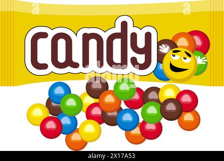 vector background with colorful mm candies isolated on white background. fruit and chocolate scattered bonbon with candy text on yellow package. eps10 Stock Vector