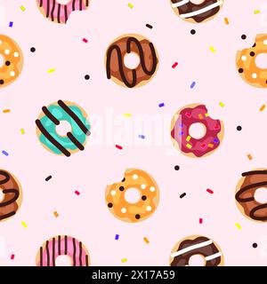 vector seamless donut background pattern. modern flat style icons of glazed colorful donuts with glaze, chocolate and sprinkles, isolated doughnuts on Stock Vector