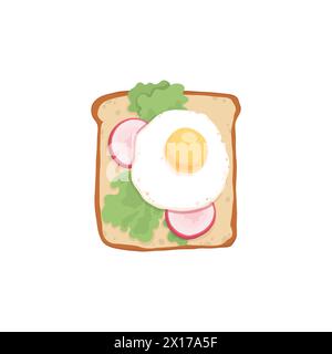 Toast with fried eggs, rucola and cream cheese on grilled bread. Sandwich with slices of fresh ingredients. Vegetarian snack. Breakfast food. Flat Stock Vector