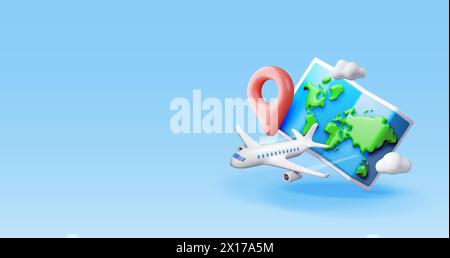 3D airplane in clouds and paper map Stock Vector