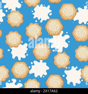 vector milk splash and sugar cookies seamless pattern isolated on blue background. homemade biscuit whole cookie symbol collection. top view of flat c Stock Vector