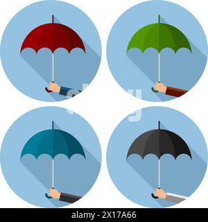 vector set of flat icons of umbrella protection from rain drops. symbol of man's hand holds umbrella isolated on white background Stock Vector