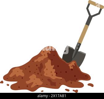 vector shovel in ground isolated on white background. gardening work tool equipment icon. garden agriculture with metal shovel symbol. heap of soil an Stock Vector